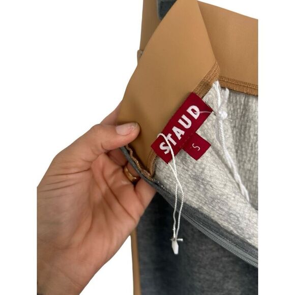 Staud Gray Tan Contrast Wide Leg Pants Size Jersey Faux Leather Designer NWT - Picture 9 of 13